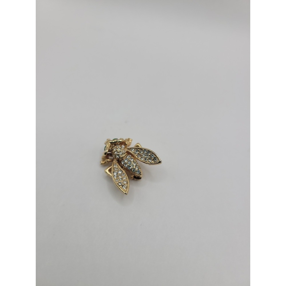 Vintage Rhinestone Fly Brooch Gold Tone Green Eyes Insect Figural Pin - Picture 5 of 11